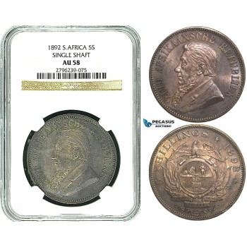 Y42, South Africa (ZAR) 5 Shillings 1892 (Single Shaft) Pretoria, Silver, NGC AU58