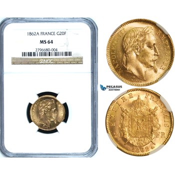 Y49, France, Napoleon III, 20 Francs 1862-A, Paris, Gold, NGC MS64 (Small A)