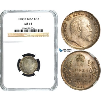 Y52, India (British) Edward VII, 1/4 Rupee 1904 (C) Calcutta, Silver, NGC MS64