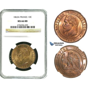 Y82, France, Napoleon III, 10 Centimes 1863-A, Paris, NGC MS66RB (Pop 1/1, Finest!)