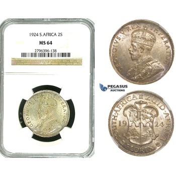 Y85, South Africa, George V, 2 Shillings 1924, Pretoria, Silver, NGC MS64