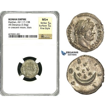 Y88, Roman Empire, Hadrian (117-138 AD) AR Denarius (3.56g) Rome (125-128 AD) Crescent/Stars, NGC MS* Fine Style