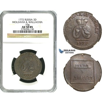 Y89, Russia, Moldavia & Wallachia, Para/3 Dengi 1772, Copper (from Turkish canons) Bitkin 1255, NGC AU58BN, Rare grade!