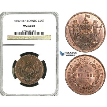 Y93, British North Borneo, 1 Cent 1886-H, Heaton, NGC MS64RB