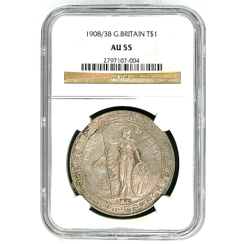 Y99, Great Britain, Trade Dollar 1908/3-B, Bombay, Silver, NGC AU55