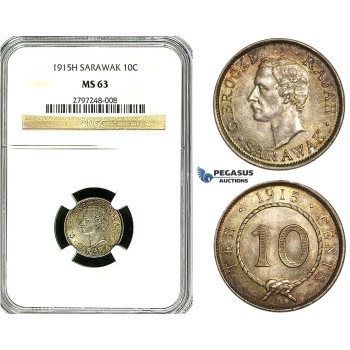 Z04, Sarawak, C. Brooke Rajah, 10 Cents 1915-H, Heaton, Silver NGC MS63
