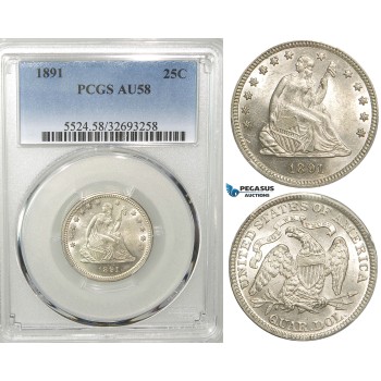 Z09, United States, Liberty Seated Quarter (25c) 1891, Silver, PCGS AU58