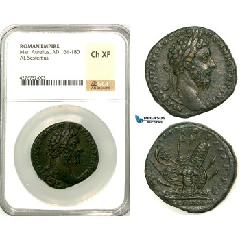 Z13, Roman Empire, Marcus Aurelius (161-180 AD) Æ Sestertius (21.22g) Rome, 176/177 AD, Sarmatian Arms, NGC Ch XF