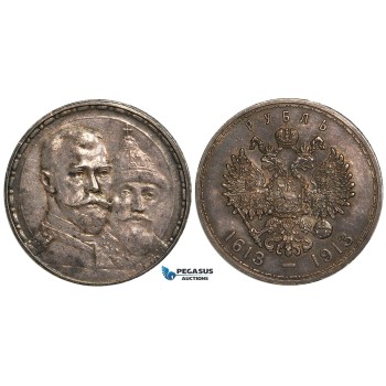 Z45, Russia, Nicholas II, Rouble 1913 (Romanov) Silver, AU-UNC with Drak Toning (High Relief)