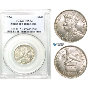 Z52, Southern Rhodesia (Zimbabwe) George V, 1 Shilling 1934, Silver, PCGS MS63, Rare!
