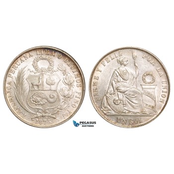 Z82, Peru, 1 Sol 1875 YJ, Lima, Silver, White AU-UNC