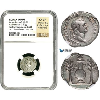 Z84, Roman Empire, Divus Vespasian (died AD 79). AR denarius (3.32 g) Rome, struck under Titus (80-81 AD) NGC Ch VF Fine Style