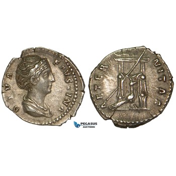 ZA03, Roman Empire, Diva Faustina Senior. (Died 140/1 AD) AR Denarius (2.99g) Rome (141-161 AD) Peacock, VF-EF