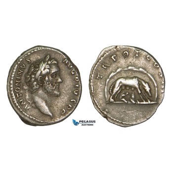 ZA05, Roman Empire, Antoninus Pius (138-161 AD) AR Denarius (3.39g) Rome (140 AD) Wolf, Good VF