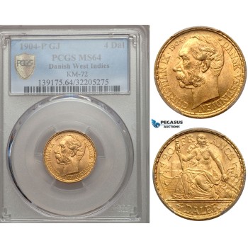 ZA13, Danish West Indies, Christian IX, 4 Daler/20 Francs 1904, Copenhagen, Gold, PCGS MS64