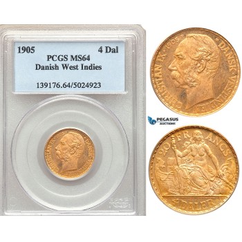 ZA14, Danish West Indies, Christian IX, 4 Daler/20 Francs 1905, Copenhagen, Gold, PCGS MS64