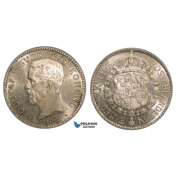 ZA27, Sweden, Gustav V, 2 Kronor 1922-W, Stockholm, Silver, Full Luster, XF