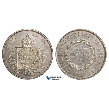 ZA31, Brazil, Pedro II, 2000 Reis 1865, Silver, Luster, Light Cleaning, AU