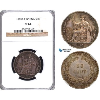 ZA48, French Indo-China, 50 Centimes 1889-A, Paris, Silver, NGC PF64, Very Rare!