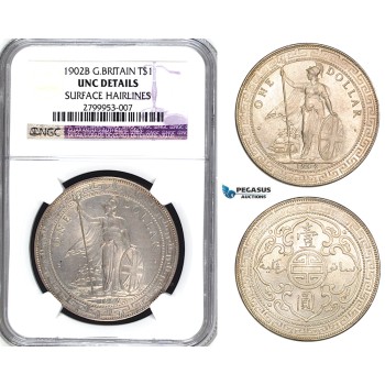 ZA50, Great Britain, Trade Dollar 1902-B, Bombay, Silver, NGC UNC