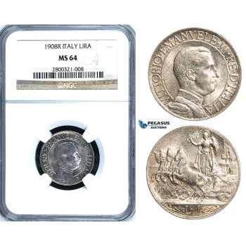 ZA61, Italy, Vit. Emanuele III, 1 Lira 1908-R, Rome, Silver, NGC MS64