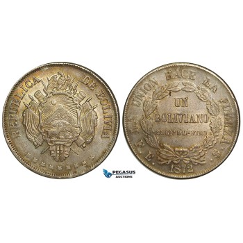 ZA65, Bolivia, 1 Boliviano 1872-PTS, Potosi, Silver, Toned UNC