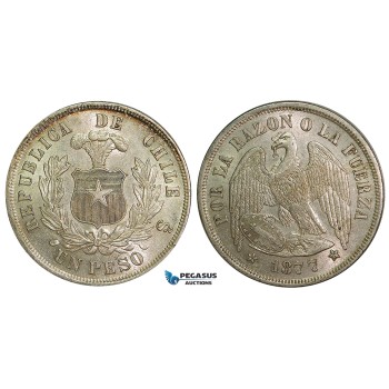 ZA67, Chile, 1 Peso 1877-So, Santiago, Silver, AU-UNC with lustre!