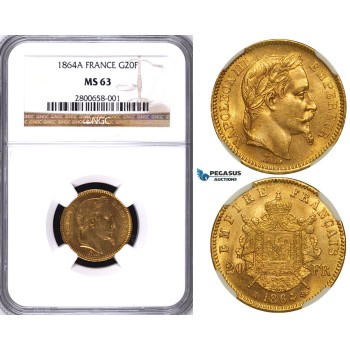 ZA68, France, Napoleon III, 20 Francs 1864-A, Paris, Gold, NGC MS63