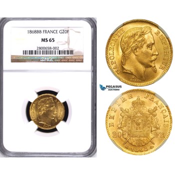 ZA69, France, Napoleon III, 20 Francs 1868-BB, Strasbourg, Gold, NGC MS65