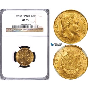 ZA70, France, Napoleon III, 20 Francs 1869-BB, Strasbourg, Gold, NGC MS63