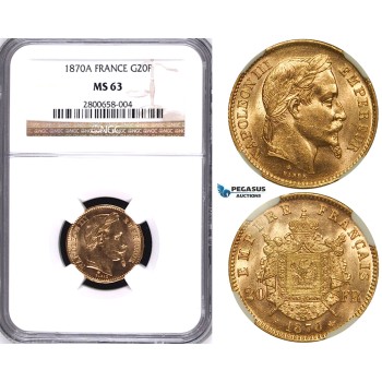 ZA71, France, Napoleon III, 20 Francs 1870-A, Paris, Gold, NGC MS63, Pop 2/1