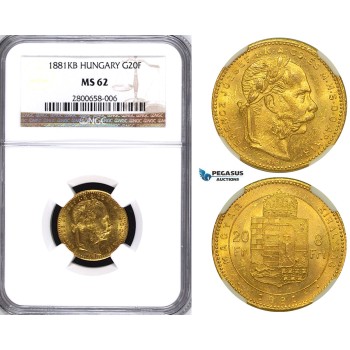 ZA75, Hungary, Franz Joseph, 8 Forint/20 Francs 1881-KB, Kremnitz, Gold, NGC MS62