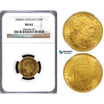ZA76, Hungary, Franz Joseph, 8 Forint/20 Francs 1888-KB, Kremnitz, Gold, NGC MS62