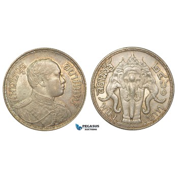 ZA89, Thailand, Rama VI, Baht BE2460 (1917) Silver, Lustrous aUNC