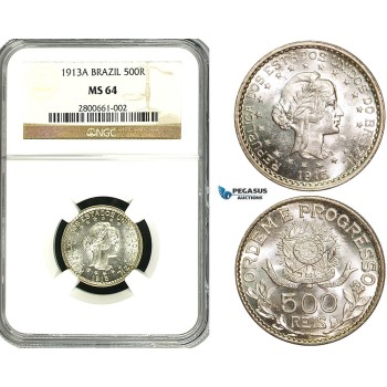 ZA97, Brazil, 500 Reis 1913-A, Paris, Silver, NGC MS64