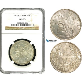 ZB01, Chile, 1 Peso 1910-SO, Santiago, Silver, NGC MS63