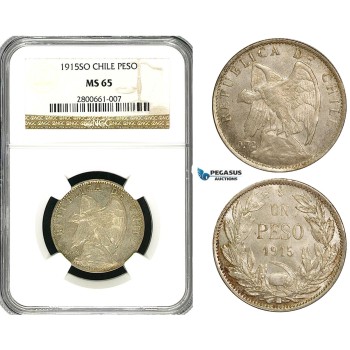 ZB02, Chile, 1 Peso 1915-SO, Santiago, Silver, NGC MS65