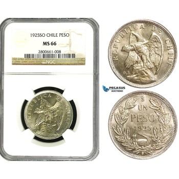 ZB03, Chile, 1 Peso 1925-SO, Santiago, Silver, NGC MS66 (Pop 1/0, Finest)