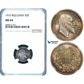 ZB27, Bulgaria, Ferdinand I, 50 Sotinki 1910, Silver, NGC MS64 (Pop 1/2, No finer)