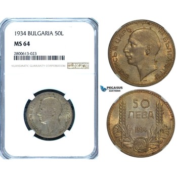 ZB28, Bulgaria, Boris III, 50 Leva 1934, Silver, NGC MS64 (Pop 1/0, Finest) Rare Grade!