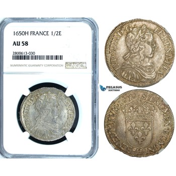 ZB36, France, Louis XIV, 1/2 Ecu 1650-H, La Rochelle, Silver, NGC AU58
