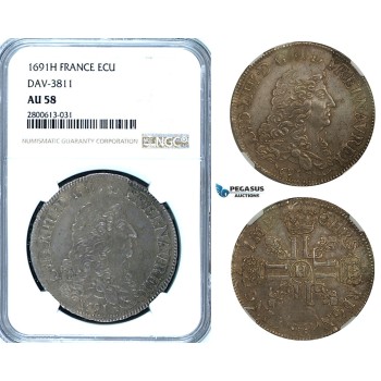ZB37, France, Louis XIV, Ecu 1691-H, La Rochelle, NGC AU58