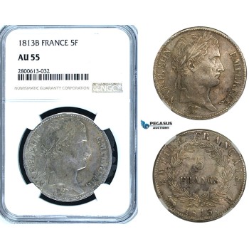 ZB39, France, Napoleon, 5 Francs 1813-B, Rouen, Silver, NGC AU55