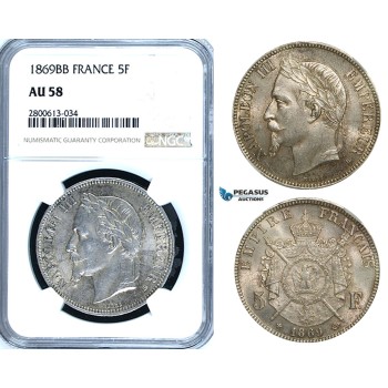 ZB40, France, Napoleon III, 5 Francs 1869-BB, Strasbourg, Silver, NGC AU58