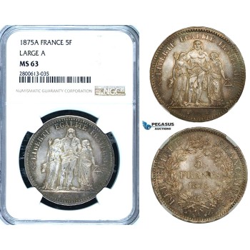 ZB41, France, Third Republic, 5 Francs 1875-A, Paris, Silver, NGC MS63 (Large A)