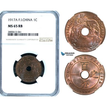 ZB44, French Indo-China (Vietnam) 1 Centime 1917-A, Paris, NGC MS65RB