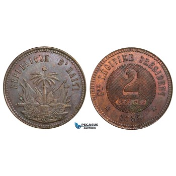 ZB47, Haiti, Æ Pattern 2 Centimes 1889, Copper, KM# Pn86, AU