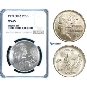 ZB68, Cuba, ABC Peso 1939, Philadelphia, Silver, NGC MS65, Rare so nice!