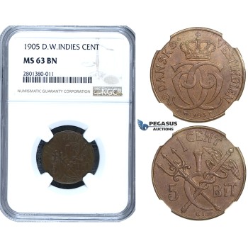 ZB73, Danish West Indies, Christian IX, 1 Cent (5 Bit) 1905, Copenhagen, NGC MS63BN
