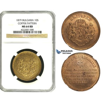 ZB81, Bulgaria, Ferdinand I, Copper Pattern 10 Santim 1879-AB, Paris, NGC MS64RB